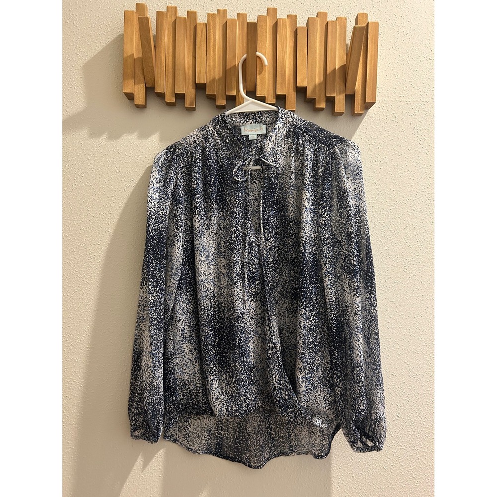 Veronica‎ M Womens Sheer Print Tie Neck Blouse Long Sleeve Top XS